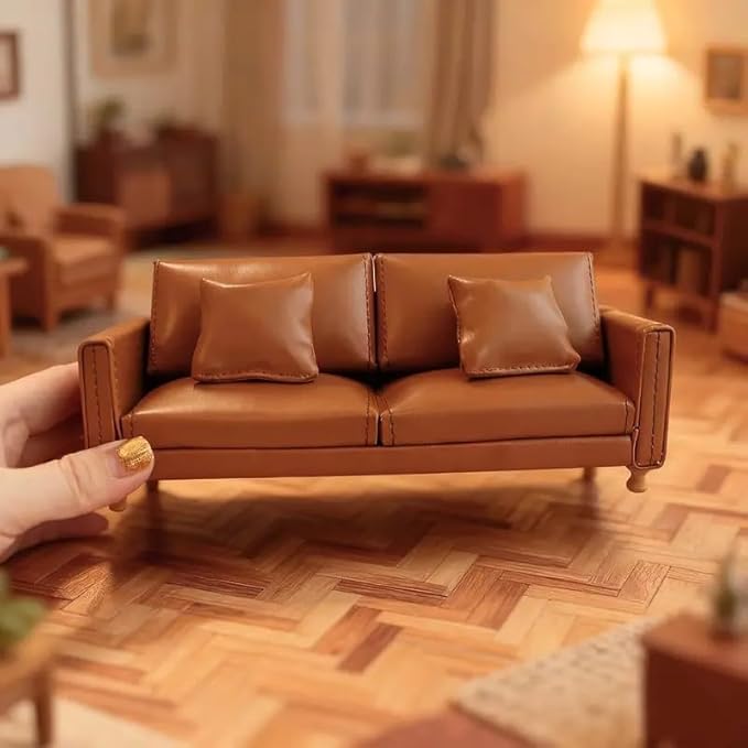 Miniature Dollhouse Leather Couch -1:12 Scale Mini Sofa Furniture Set with Cushions Fit 1/12 Scale Accessories for Doll House Décor and 3 to 6 inches Doll Figure (Brown)