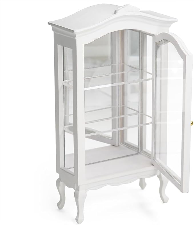 Odoria Dollhouse Curio Cabinet Miniature: 1/12 Scale Display Bookcase for Victorian Living Room - Mini Vintage Storage Shelf with Mirror - Tiny Wood White Furniture Antique