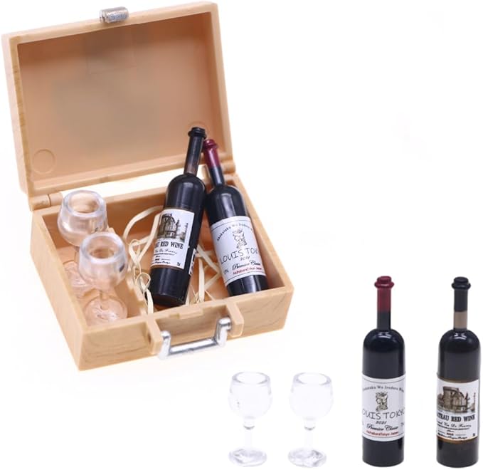 1:12 Mini Dollhouse Accessories Set Which Including 2 Red Wine Bottles Glasses Bottles and A Case,Miniaure Scene Model for Dollhouse Decor and Dollhouse Furniture