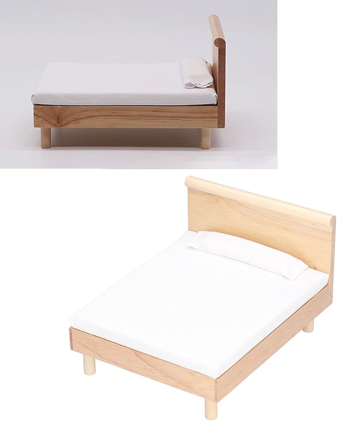 Dollhouse Double Bed, Wooden Frame Oak Miniature Furniture, Decorative Pillow Plush Toy Pillows, Miniature Bedroom Furniture for 1/12 Scale Dollhouse