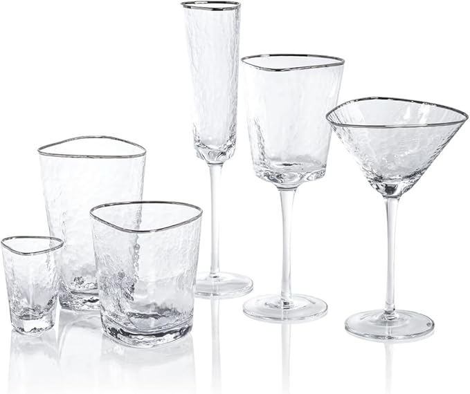 Zodax Aperitivo Triangular Stemware or Glassware - Clear with Platinum Rim - Sets of 4 (Wine)