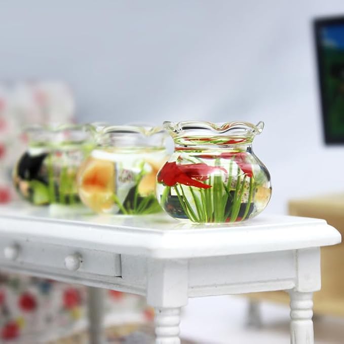 1Pcs Multicolour Mini Round Fish Tank Realistic Glass Decor for Dollhouse Display Captivating Miniature for Crafts Ornaments Handmade Landscape,Miniature Goldfish Bowls,Dollhouse Accessories(White)
