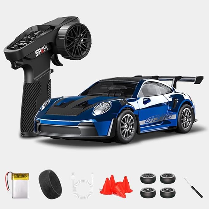 1:43 RC Drift Car D43-01 - 2.4G Full Proportional 4WD Alloy 20KM/H High Speed RC Racing Car with Gyro, Silent Bearings, Adjustable Speed & Lighting(Q8/Blue/D43-01)