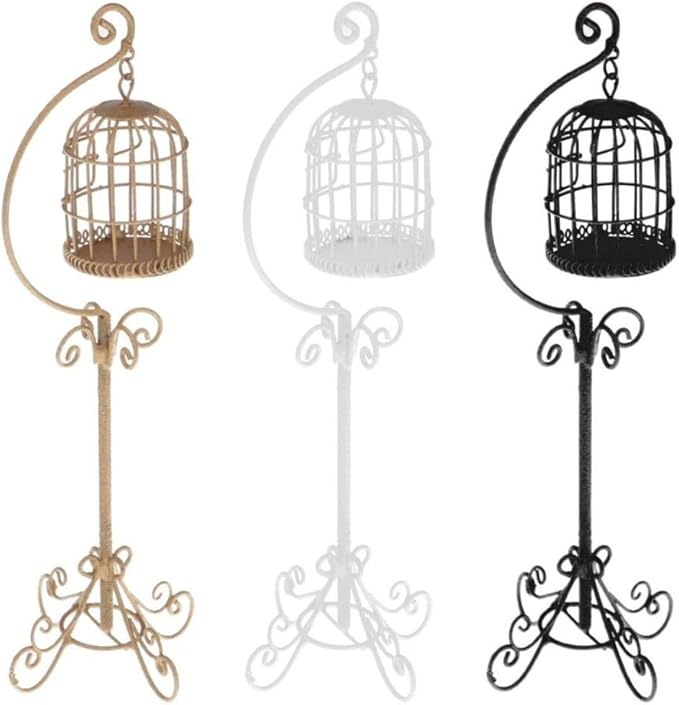 Dollhouse Birdcage 1:12 Scale Accessories Miniature Bird Cage Floor Stand Openable Cage Alloy Birdcage Model Mini House Decoration Ornament (White)