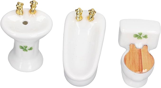 1:24 Dollhouse Miniature Bathroom Set, Ceramic Simulation Bathtub Toilet Sink, Miniature Furniture, Mini Ceramic Bathroom Furniture Set for Dollhouse Restroom Decoration (Grass Pattern)