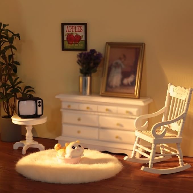 3Pcs 1:12 Dollhouse Wooden Rocking Chair Set, Miniature Side Table, Nostalgic TV, Mini House Furniture Accessories for Living Room Bedroom, Kitchen, Outdoor Home Office