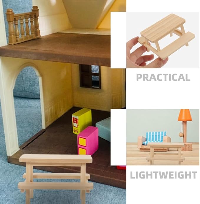 Besportble Mini Wooden Picnic Table and Chair Set 3.23In Dollhouse Furniture Miniature Table and Tiny Chairs Decorative Model for Dollhouse Accessories and Scene Layout