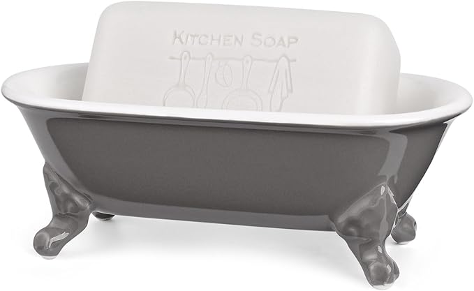 NEWHENGS 6.5" Ceramic Mini Decorative Clawfoot Bathtub Bar Soap Dish, Kitchen Sponge Holder and Shower Tray for Bathroom, 1 Pack(Stone Gray)