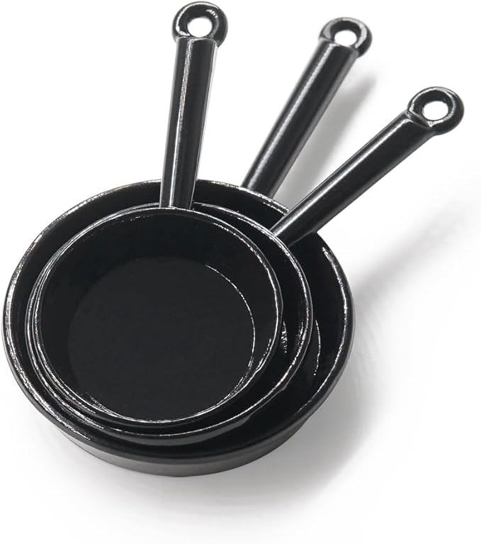 Odoria Dollhouse Frying Pan Miniature: 1/12 Scale Skillet Cookware for Kitchen Restaurant - Mini Kitchenware Cooking Utensils Metal Black 3Pcs
