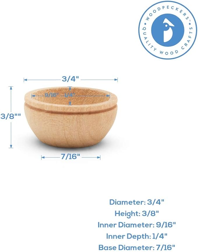 Woodpeckers Unfinished Wood Mini Bowl, 3/4 inch, Perfect for Scale Models, Dollhouse Dishes, Wood Craft Projects, and Sorting Activity, Pack of 100