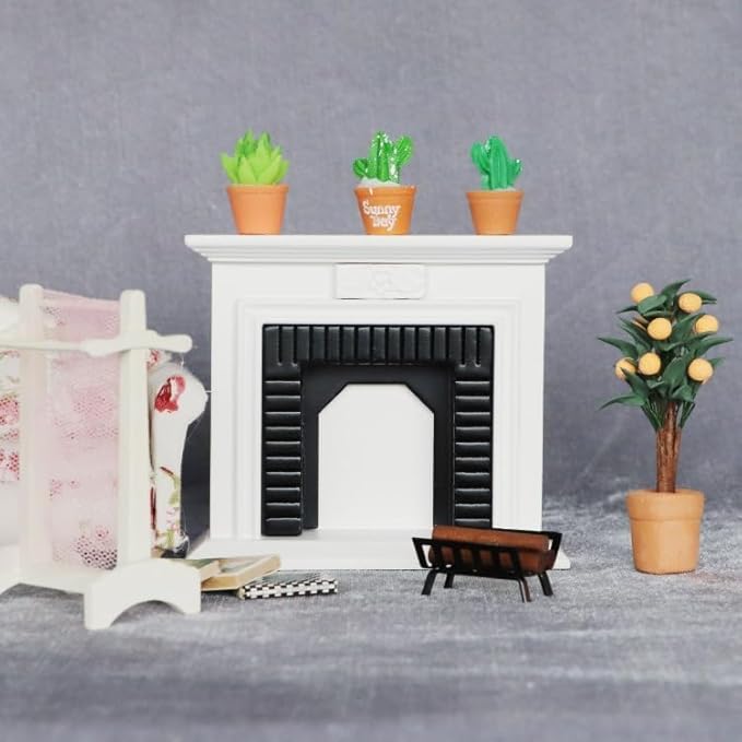Minamzee Dollhouse Decoration Accessories,1:12 Dollhouse Miniature Furniture Room Wooden Vintage Black White Fireplace and Firewood Pile