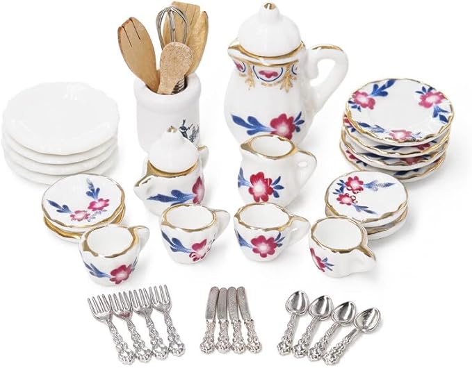 Odoria 1/12 Miniature Porcelain Tea Set Plates and Silverware Kitchen Utensils Dollhouse Accessories, Purple Blossom