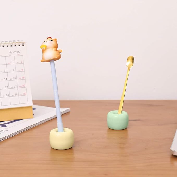 HalfofLife Mini Ceramics Toothbrush Holder Stand for Bathroom Vanity Countertop, Handmade Couple Toothbrush Head Holder, Shaver Holder and Office Pen Holder, Yellow&Green, Pack of 2