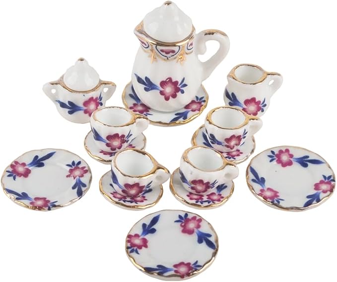 NW 1 Set 15 Pieces 1:12 Ceramics Tea Cup Set Lovely Dollhouse Decoration Set Dollhouse Kitchen Accessories(#8)