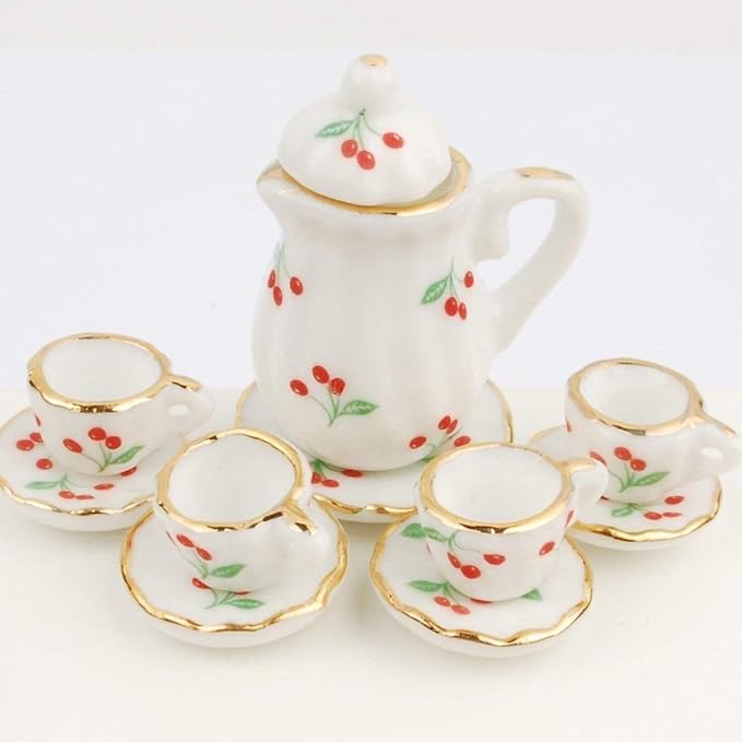 NW 1 Set 15 Pieces 1:12 Ceramics Tea Cup Set Lovely Dollhouse Decoration Set Dollhouse Kitchen Accessories(#1)