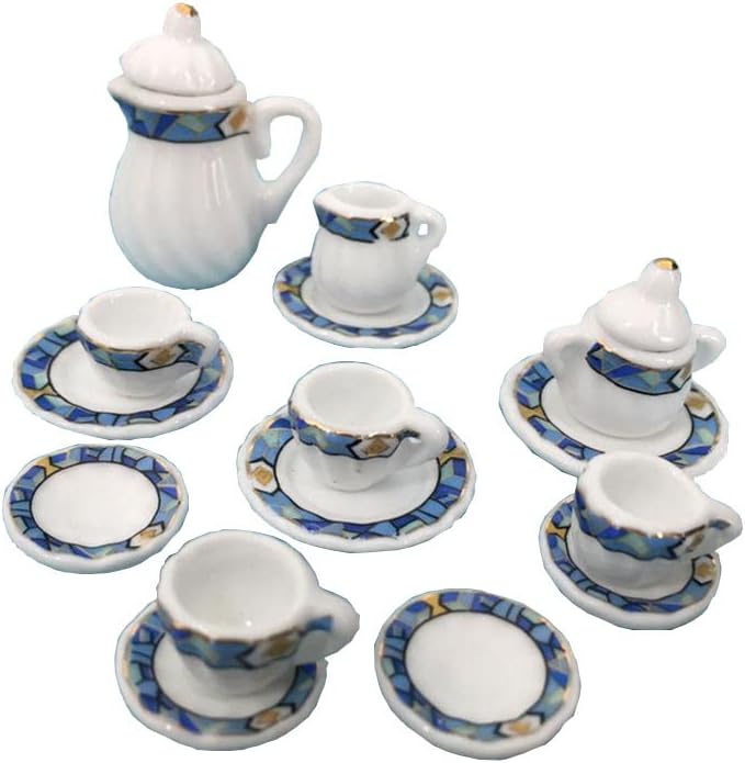 Dollhouse Decoration Accessories, 1:12 Dollhouse Miniature 15 Pcs Porcelain Tea Sets Mini Food Toy Model (B)