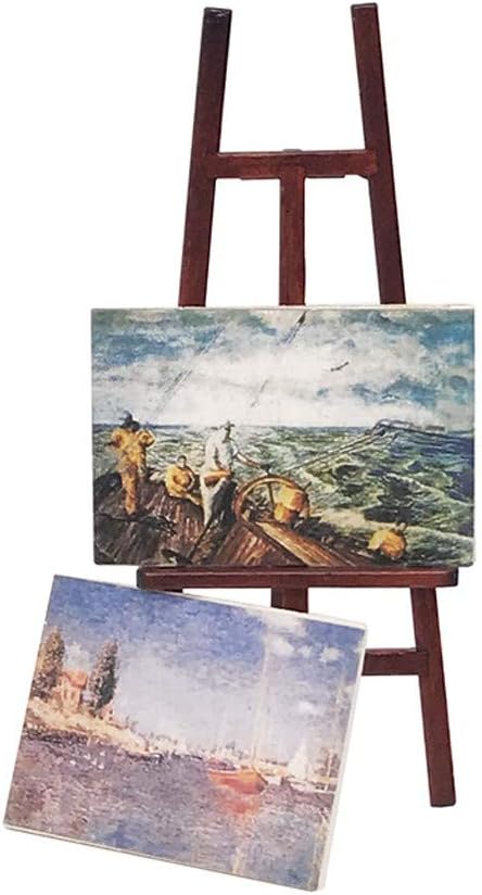 Dollhouse Decoration Accessories, 1/12 Dollhouse Miniature Wooden Easel Oil Painting Set Simulation Toys for Doll