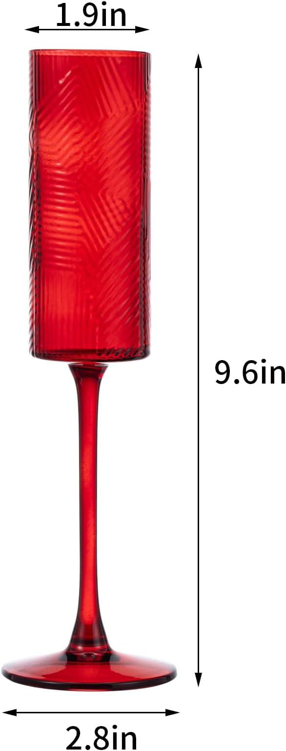 6 Pieces Red Champagne Flutes,6 OZ Twill Pattern Striped Vintage Stem Glasses Stemware Wine Glasses Champagne Long Stem Drinking Colored Glasses Goblets for Wedding Cocktail Cups,Cava, Prosecco