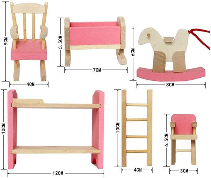 KunHe Wooden Dollhouse Furniture Set Including Kitchen Bathroom Bedroom Kid Room for Dollhouse Pink Color