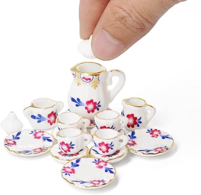 Odoria 1/12 Miniature Porcelain Tea Set 15Pcs Dollhouse Decoration Accessories, Purple Blossom