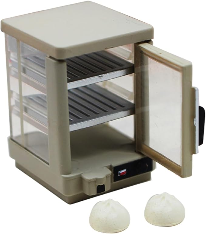 LOGOFUN Miniature Bakery Case Dollhouse 1:12 Scale Mini Insulated Cabinet with Mini Steamed Stuffed Buns Model for Dollhouse Bread Shop Accessories