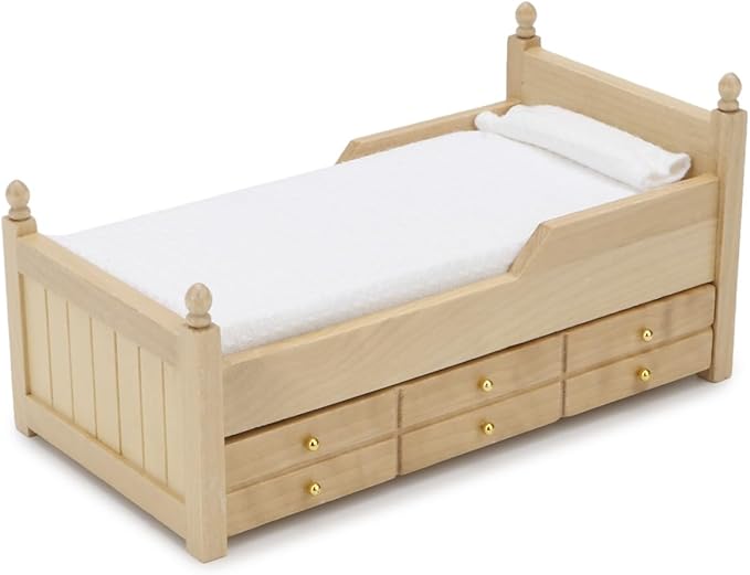 Dollhouse Miniature Bed with Drawer 1:12 Wooden Furniture European Bedroom Bedding Furniture Accessories with Pillow & Mattresses Vintage Floral Fabric Mini House Decoration (Woody)