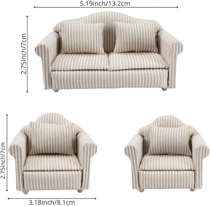 3PCS Dollhouse Couch – 1/12 Scale Miniature Double & Single Sofa with Pillow Upholstered Armchair Set, Doll House Living Room Mini Furniture Accessories Timeless Classic for Bedroom Sectional Décor