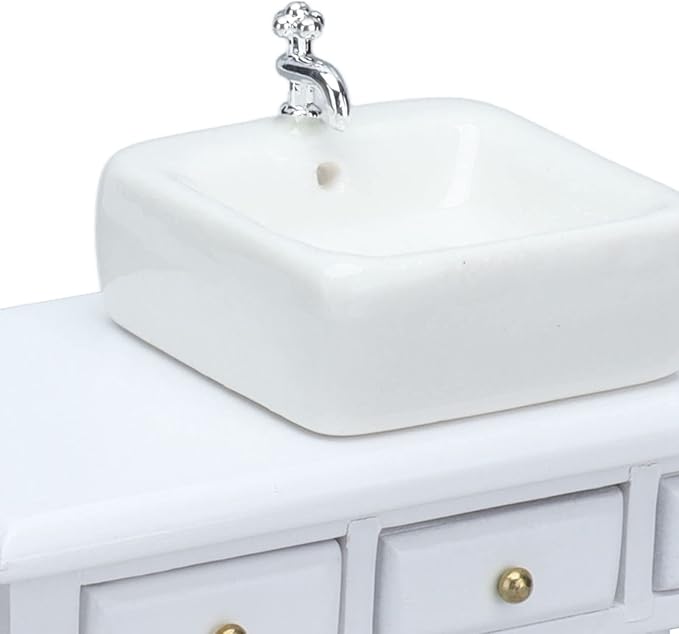 NOENNULL Dollhouse Bathroom Set 1:12 Scale Miniature - White Porcelain Sink Vanity with Mirror, Toilet & Bathtub Accessories for Doll House, DIY Crafts, Model Home