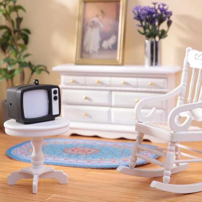 3Pcs 1:12 Dollhouse Wooden Rocking Chair Set, Miniature Side Table, Nostalgic TV, Mini House Furniture Accessories for Living Room Bedroom, Kitchen, Outdoor Home Office