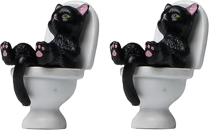 Enyolidimk 2Pcs Black Cat Toilet Ornament, Garden Miniature Statue, Desktop Model Home Decorations Cat Figurine