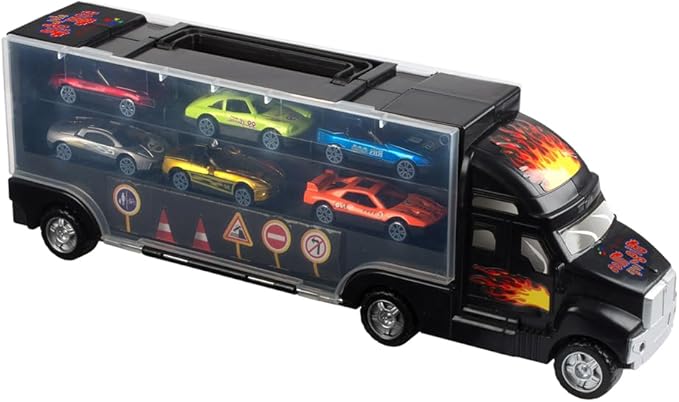 Big Mo's Toys Transport Car Carrier Truck - with 6 Stylish Metal Racing Cars - with Carrying Case