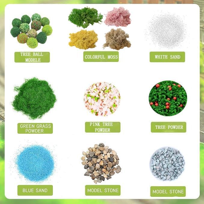 QuarenDen Scenery Basing Material Kit, 12 Bags, Basing Material Kit, Diorama Supplies, Decorative Sand, Stone, Grass, Moss Stick, River for Model Railway, Fairy Garden Diorama Scenery
