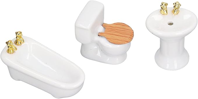 shenruifa 3Pcs Dollhouse Miniature Bathroom Set, 1:24 Ceramic Simulation Bathtub Toilet Sink Dollhouse Bathroom Furniture (Pure White)