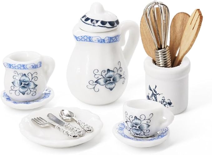 Odoria 1/12 Miniature Porcelain Tea Set Plates and Silverware Kitchen Utensils Dollhouse Accessories, Blue Petals