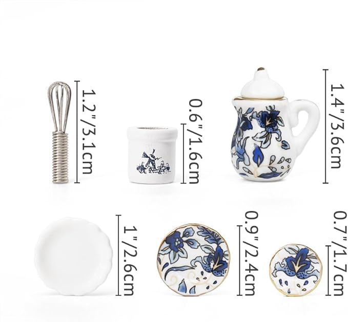 Odoria 1/12 Miniature Porcelain Tea Set Plates and Silverware Kitchen Utensils Dollhouse Accessories, Blue