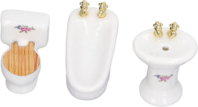 1:24 Dollhouse Miniature Bathroom Set, Ceramic Simulation Bathtub Toilet Sink, Miniature Furniture, Mini Ceramic Bathroom Furniture Set for Dollhouse Restroom Decoration (Flower Pattern)