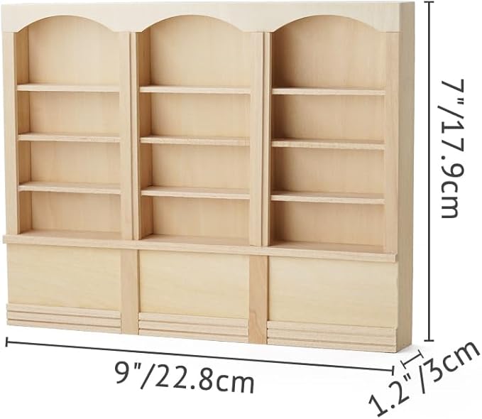 Odoria Dollhouse Bookcase Shelf Miniature: 1/12 Scale Bookshelf for Books Library School Office - Mini Wall Display Cabinet Storage Shelving Victorian Vintage - Tiny Wood Furniture Unfinished