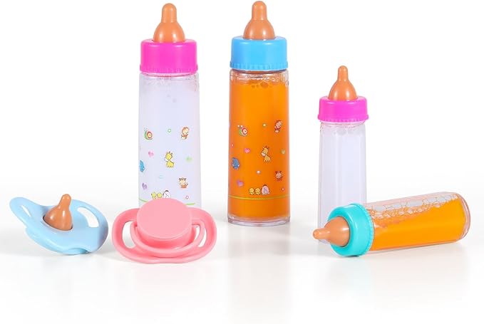 Baby Doll Bottle Accessories - 6 Pcs Feeding Bottle Toys, Magic Disappearing Milk & Juice, Pretend Play Set with Pacifiers Kids Gift Yellow