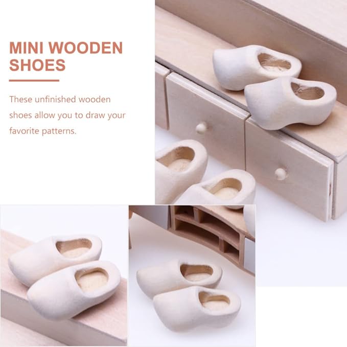 COHEALI Miniature Wooden Shoes - 4pcs Blank Mini House Decor Doll Shoes for Mini House Decor