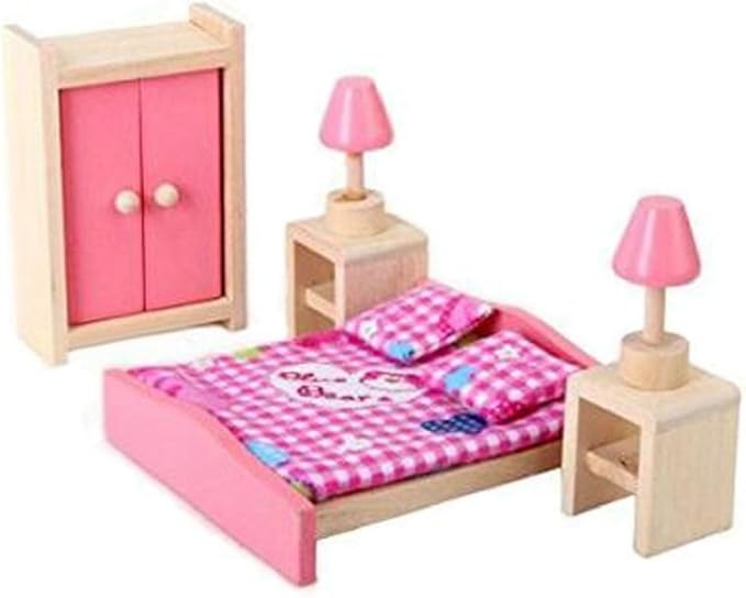 KunHe Wooden Dollhouse Furniture Set Including Kitchen Bathroom Bedroom Kid Room for Dollhouse Pink Color