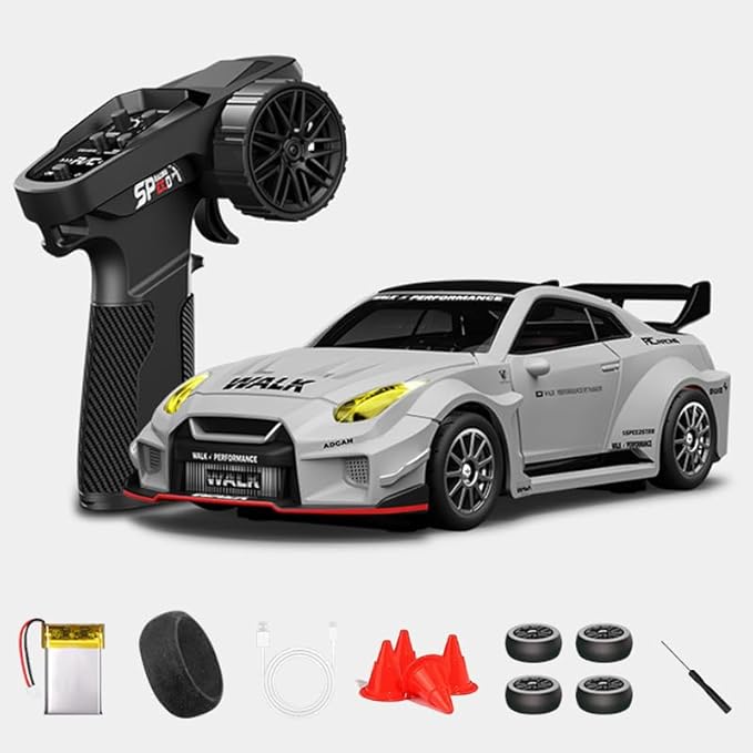 1:43 RC Drift Car D43-02 - 2.4G Full Proportional 4WD Alloy 20KM/H High Speed RC Racing Car with Gyro, Silent Bearings, Adjustable Speed & Lighting(Q10/Gray/D43-02)