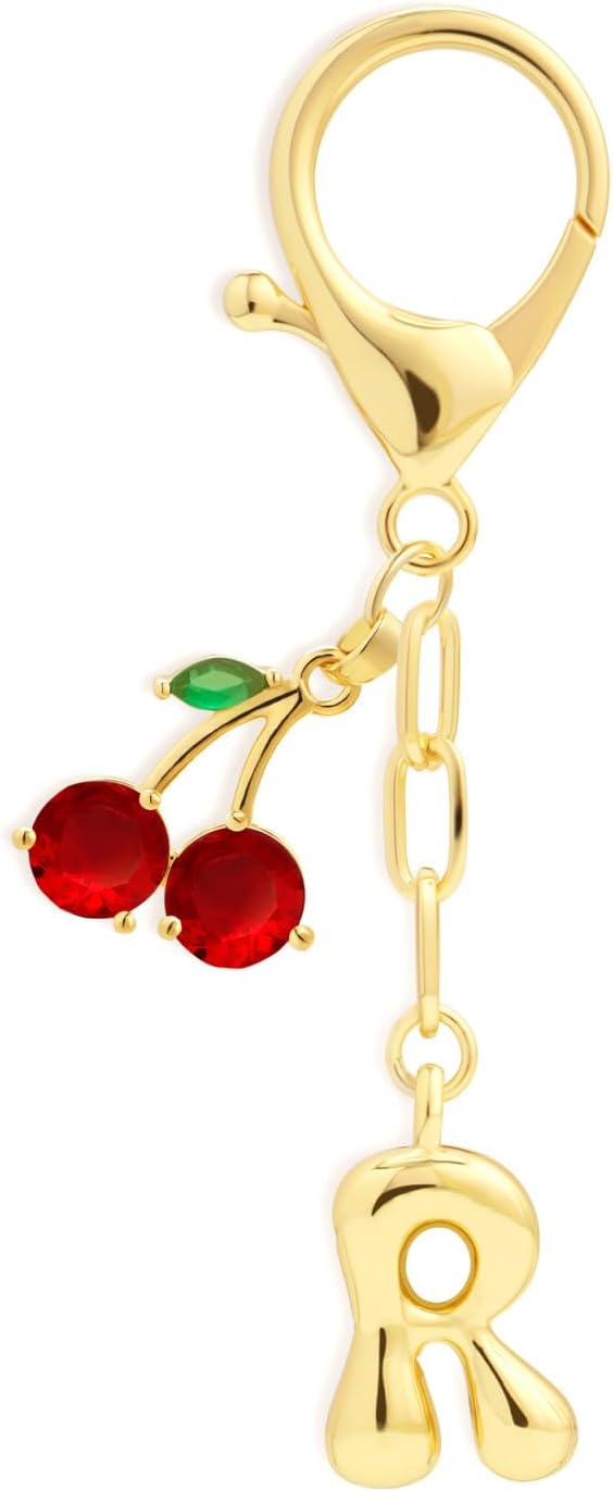 Fohufo Initial Keychains for Women - Cute Cherry Bag Charms Purse, 14K Gold Plated Keychain Accessories, Birthday Gifts