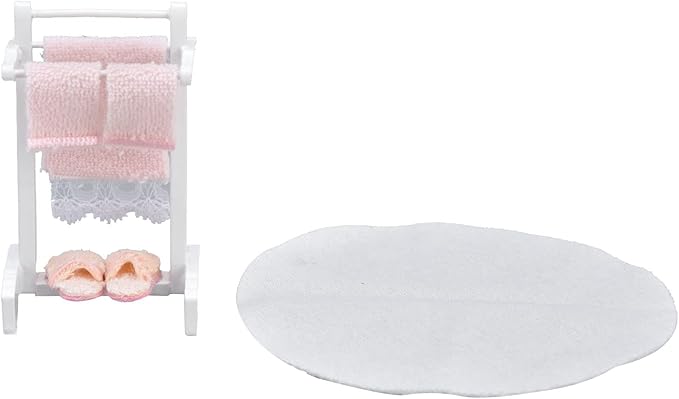 1:12 Miniature Bath Towel Rack with Rug Set - Dollhouse Bathroom Furniture Accessories - Dollhouse Furniture Craft Accessories for a Realistic Dollhouse Bathroom (2 Pcs)