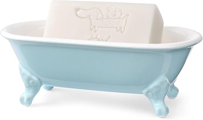 NEWHENGS 6.5" Ceramic Mini Decorative Clawfoot Bathtub Bar Soap Dish, Kitchen Sponge Holder and Shower Tray for Bathroom, 1 Pack(Baby Blue)