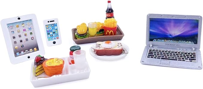 20Pcs Miniature Laptop Computer Tablet Toy Phone Pad and Hamburger Fries Cola Fast Food Cake Coffee Juice Fits Barbie Doll Accessories Scale Dollhouse Playsets Girl Mini Drink Food Party