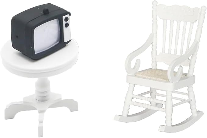 3Pcs 1:12 Dollhouse Wooden Rocking Chair Set, Miniature Side Table, Nostalgic TV, Mini House Furniture Accessories for Living Room Bedroom, Kitchen, Outdoor Home Office