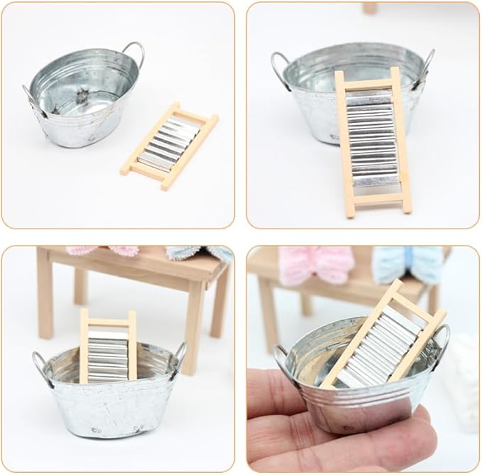 BESPORTBLE Mini Tinplate Basin Set of 2 Dollhouse Accessories Silver Iron Miniature Washboard for 1 12 Scale Doll House Bathroom Decor