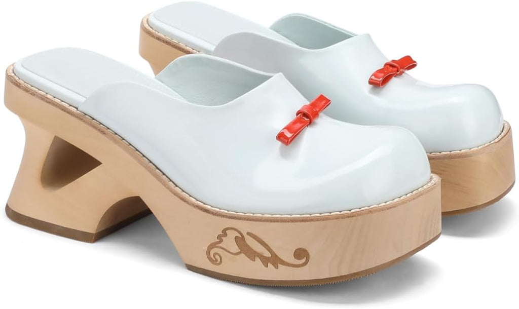 kuoco Handmade Swedish Wood Mules for Women Platform Low Heel Wooden Clogs Mules Open Back Faux Leather Clogs