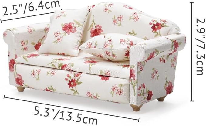 Odoria Dollhouse Couch Loveseat Miniature - 1/12 Scale Upholstered Sofa for Vintage Country Living Room - Mini Settee Chaise Lounge Wood Furniture Floral Red