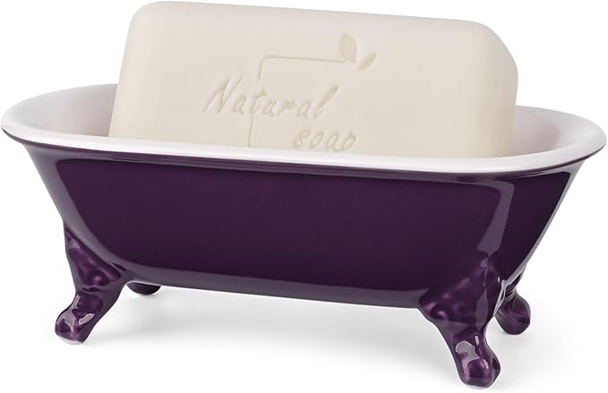 NEWHENGS 6.5" Ceramic Mini Decorative Clawfoot Bathtub Bar Soap Dish, Kitchen Sponge Holder and Shower Tray for Bathroom, 1 Pack(Plum)